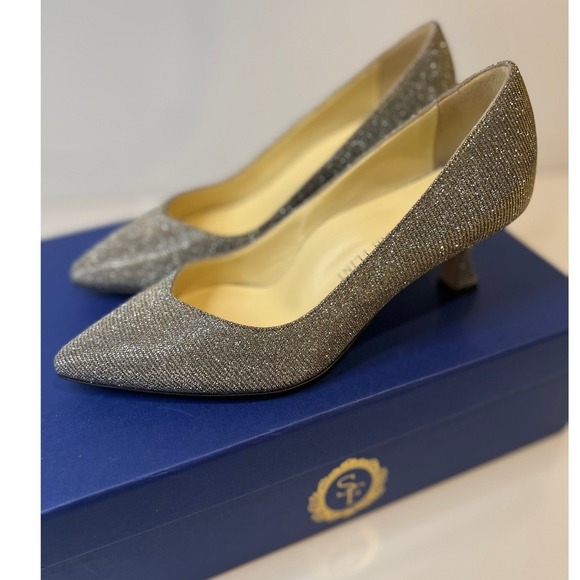 Sarah Flint Pumps Metallic Silver Pointed Toe Heels Classic Party - Picture 1 of 15